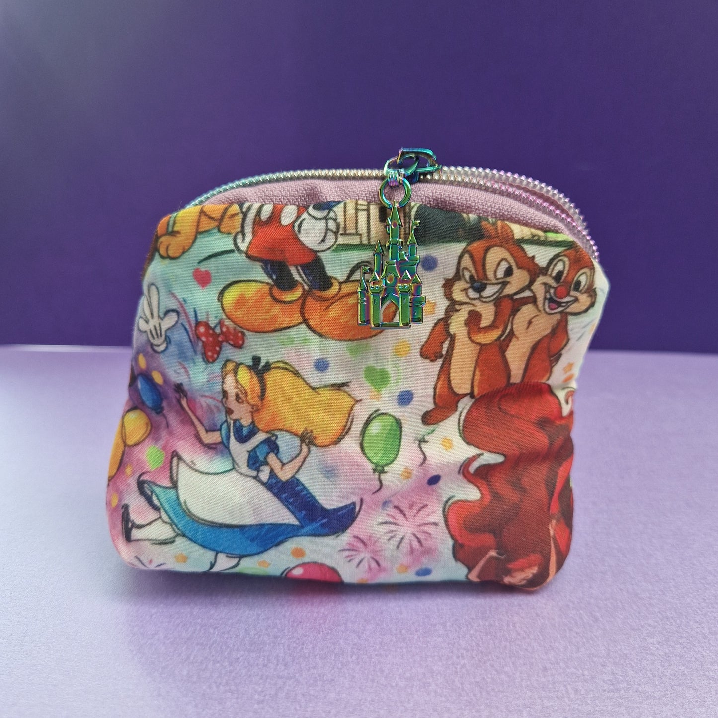 Mixed Character mini triangle shaped pouch cosmetic bag with castle zipper pull