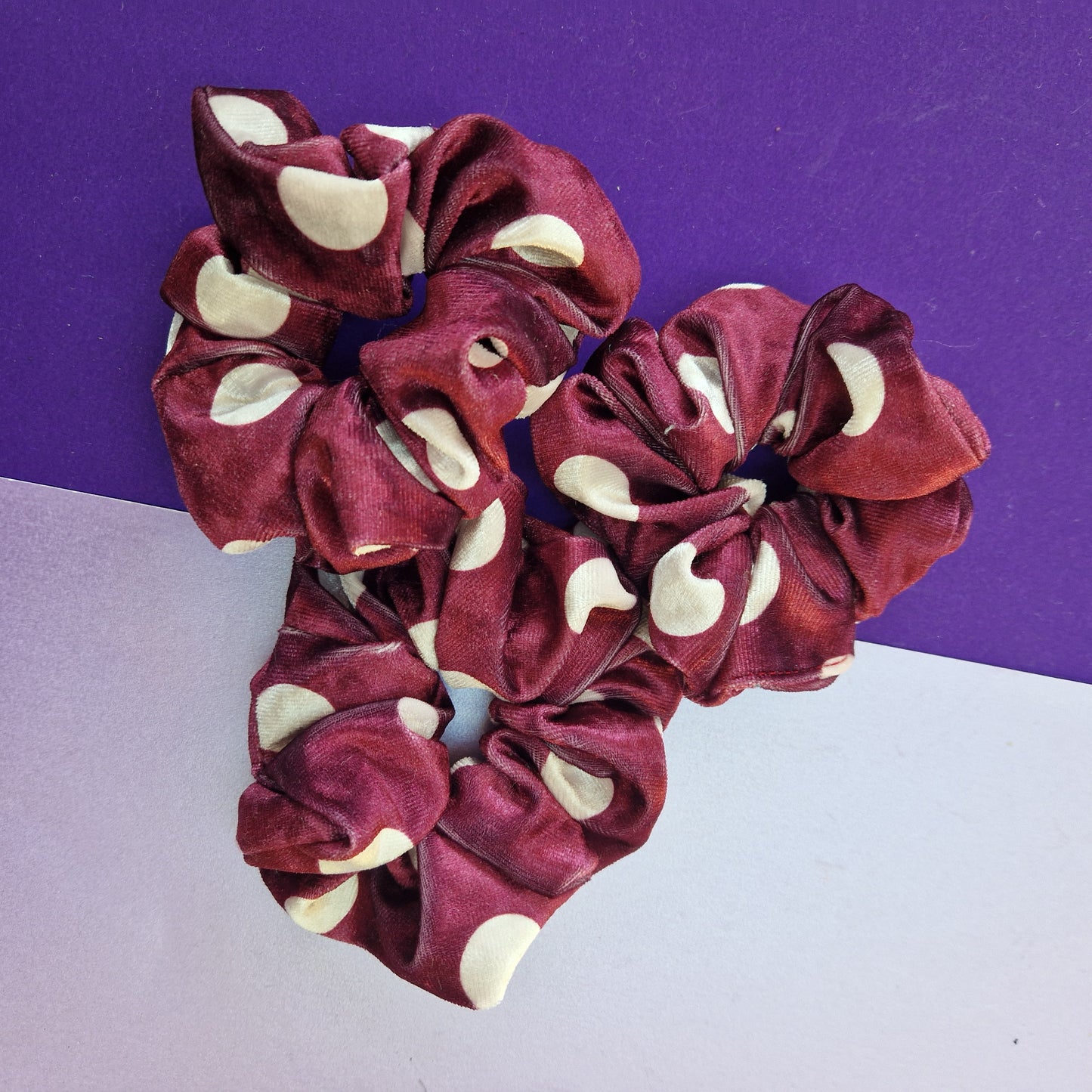 Polka dot burgundy velvet hair scrunchie