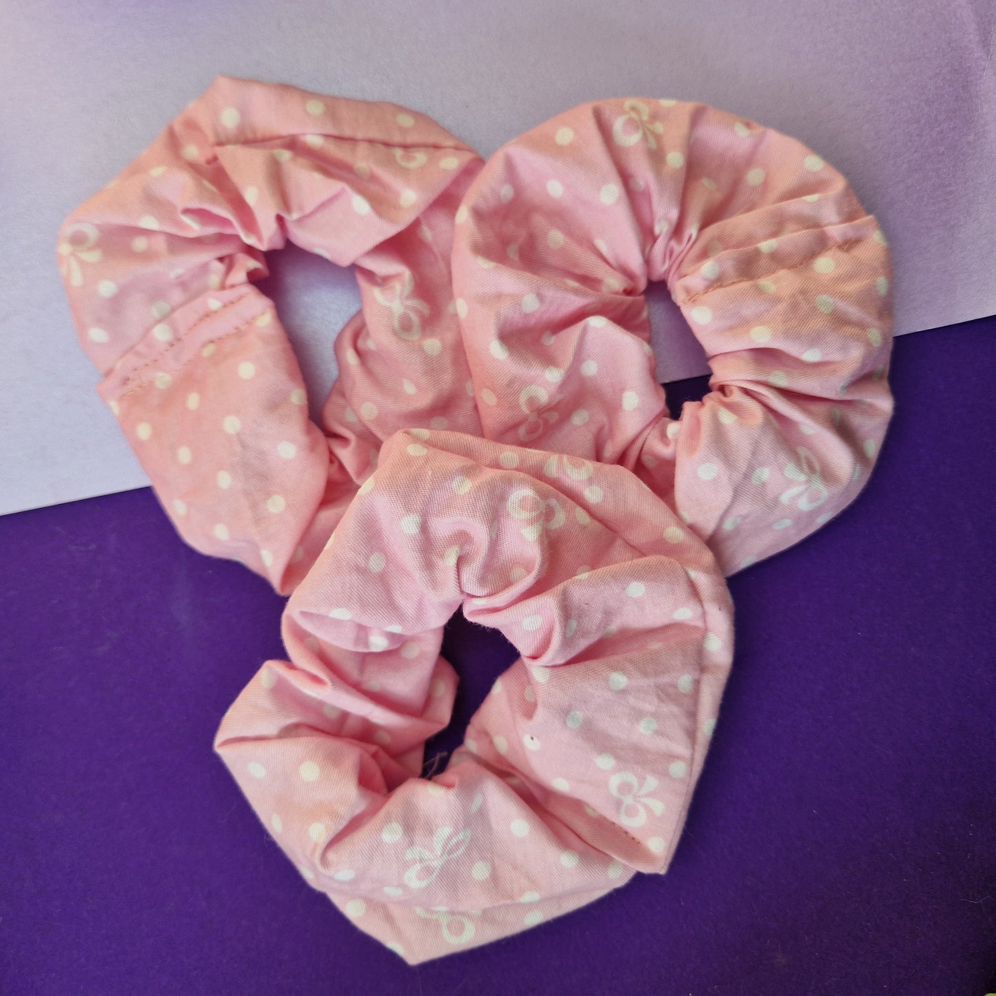 Pink bow polka dot cotton hair scrunchie
