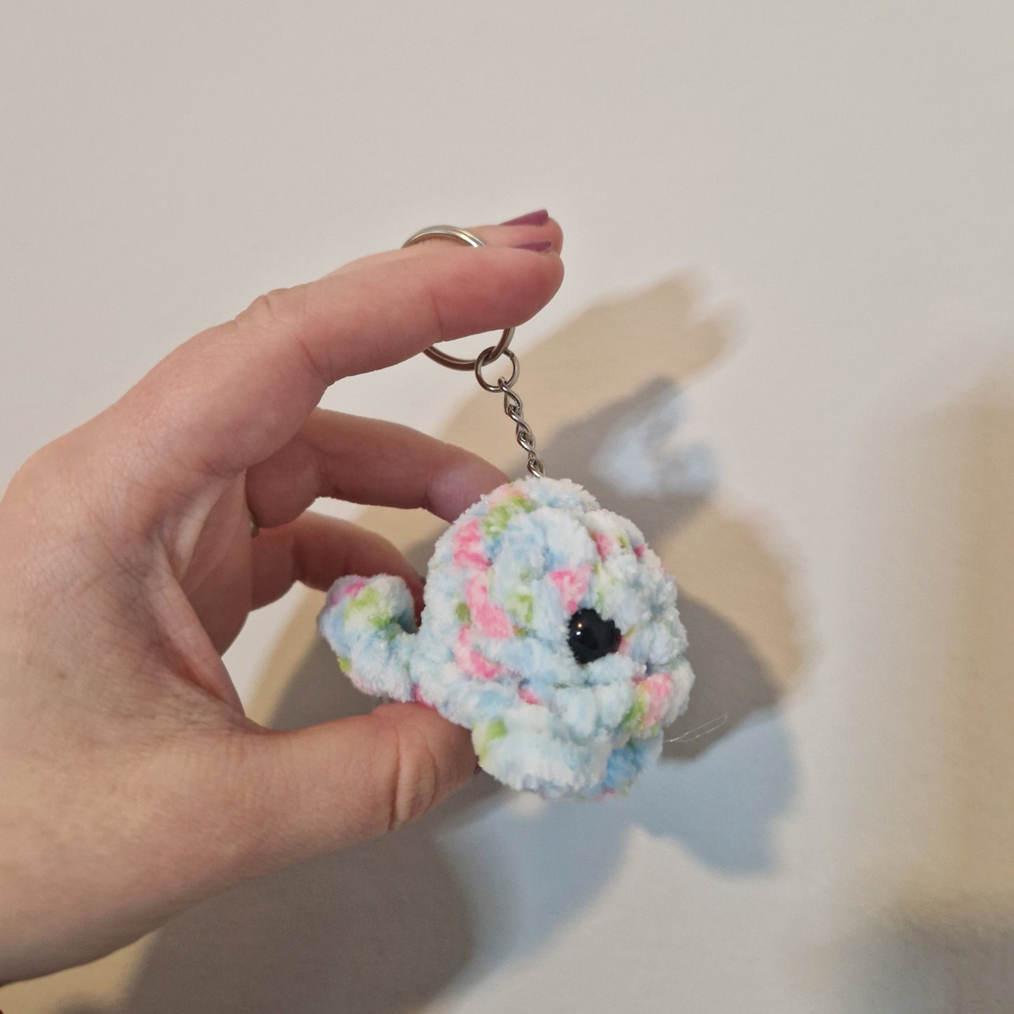 Blue floral mini whale chenille yarn crochet keyring