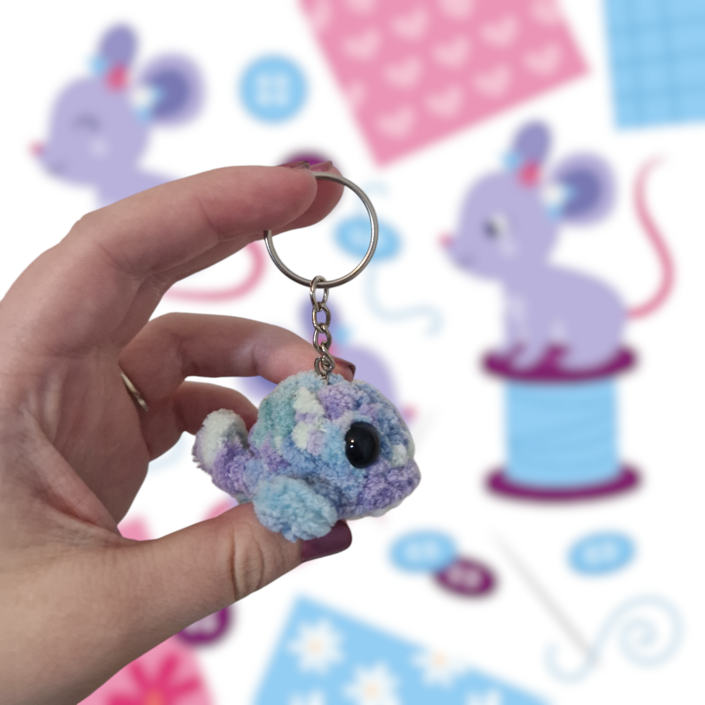 Blue and green mini whale chenille yarn crochet keyring