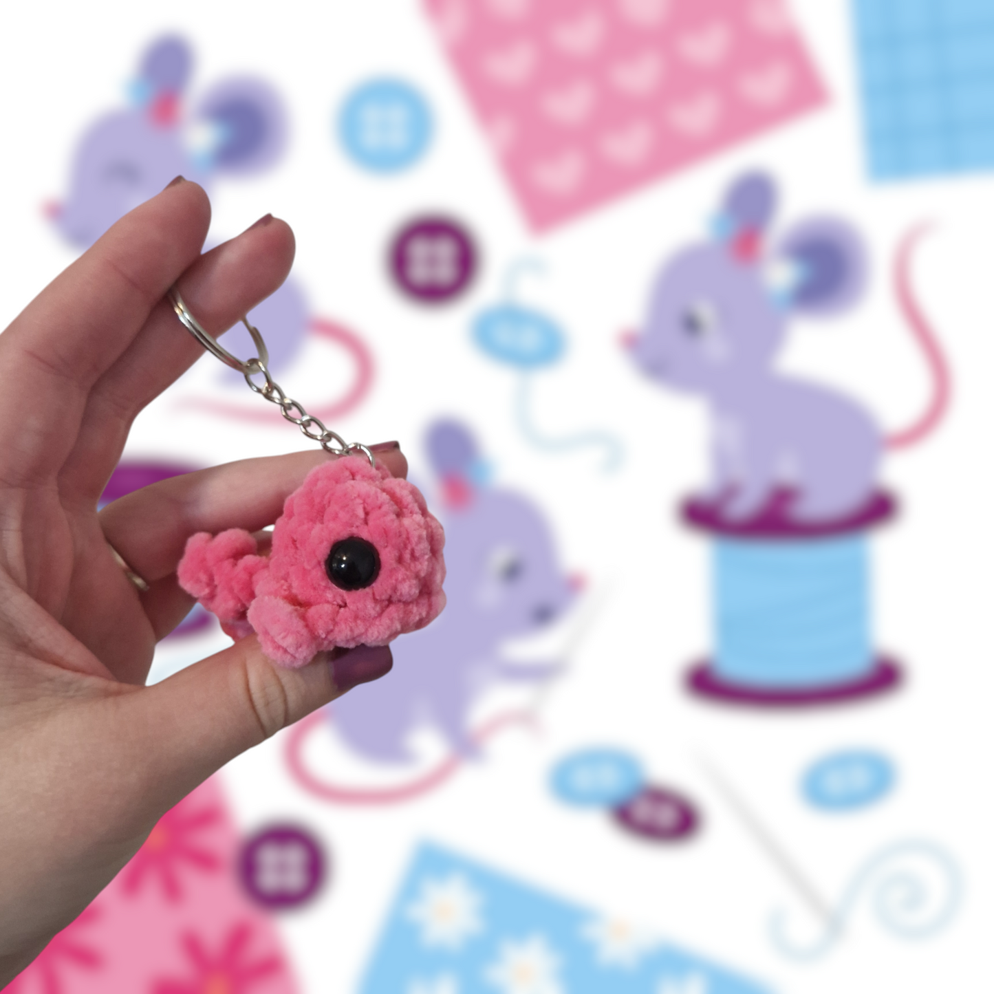 Hot pink mini whale chenille yarn crochet keyring