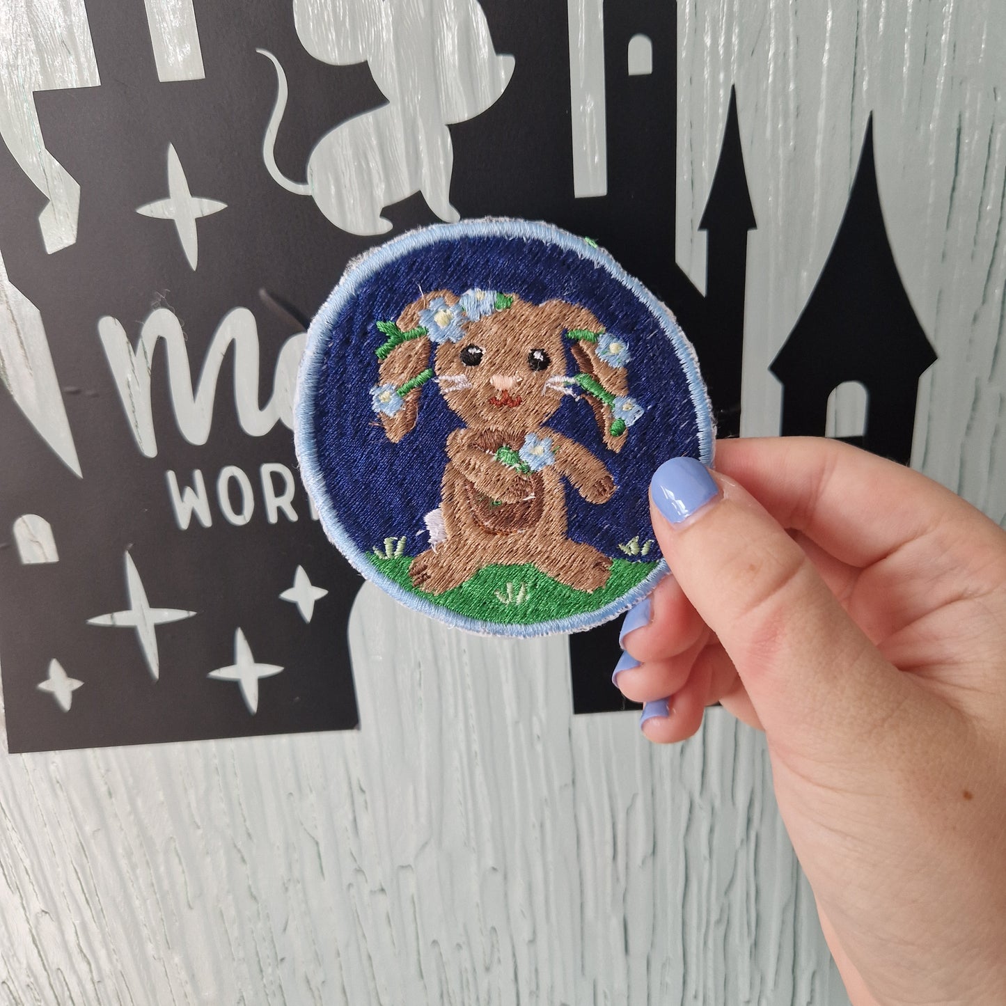 Floral Toffee Bunny iron-on embroidered patch