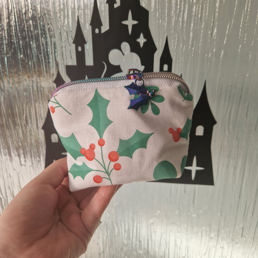 White Holly Berry mini triangle shaped pouch cosmetic bag with holly zipper pull