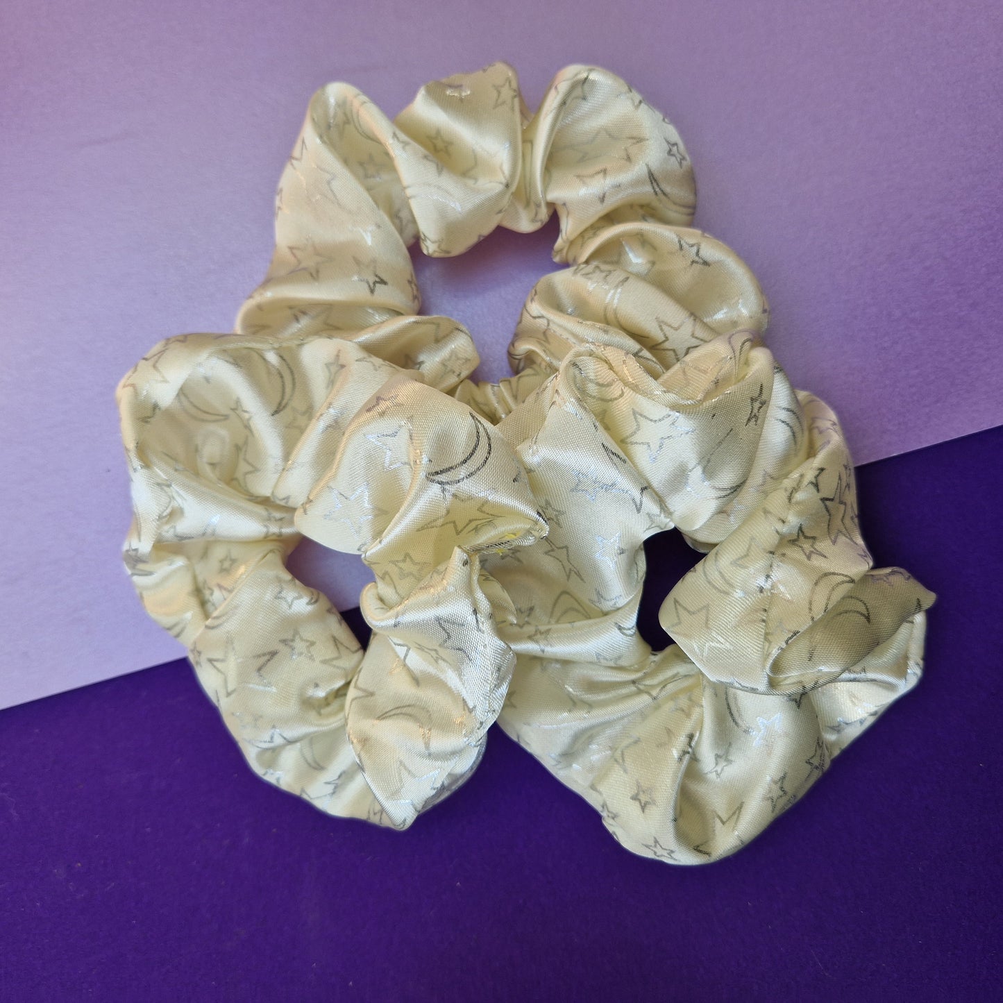 Lemon yellow moon and stars satin hair scrunchie