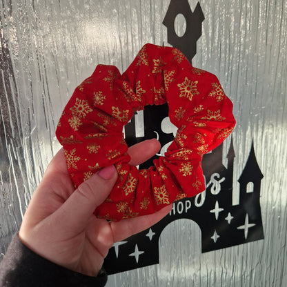 Red and gold snowflake cotton hair scrunchie
