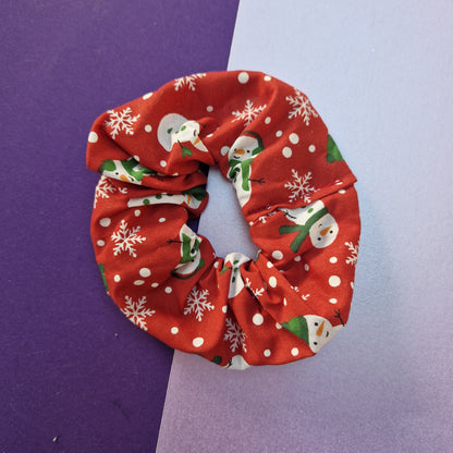 Red snowman polycotton hair scrunchie