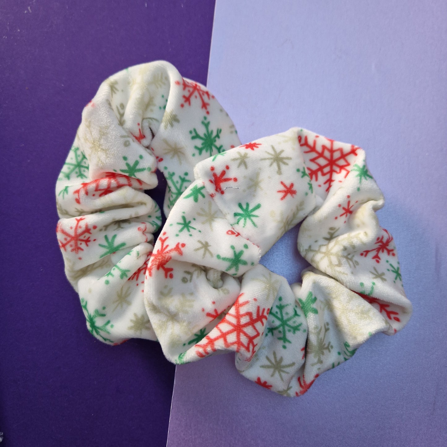 Red and green snowflake velvet hair scrunchie