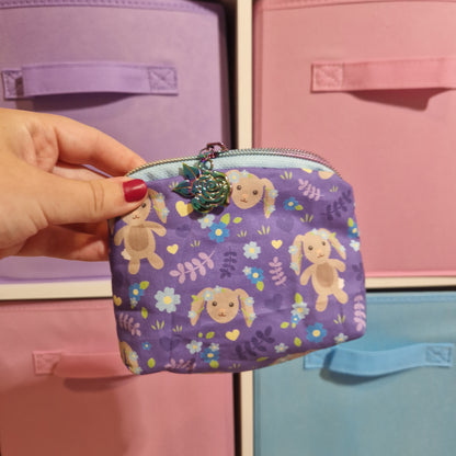 Floral bunny rabbit mini triangle shaped pouch cosmetic bag zipper pull