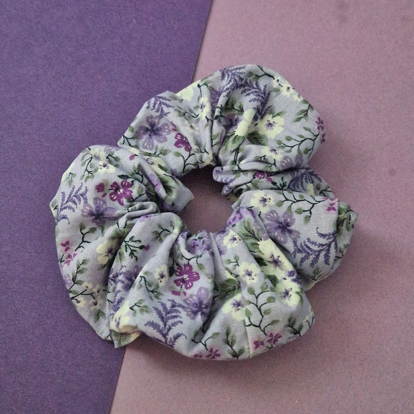 Purple floral themed cotton hair scrunchie
