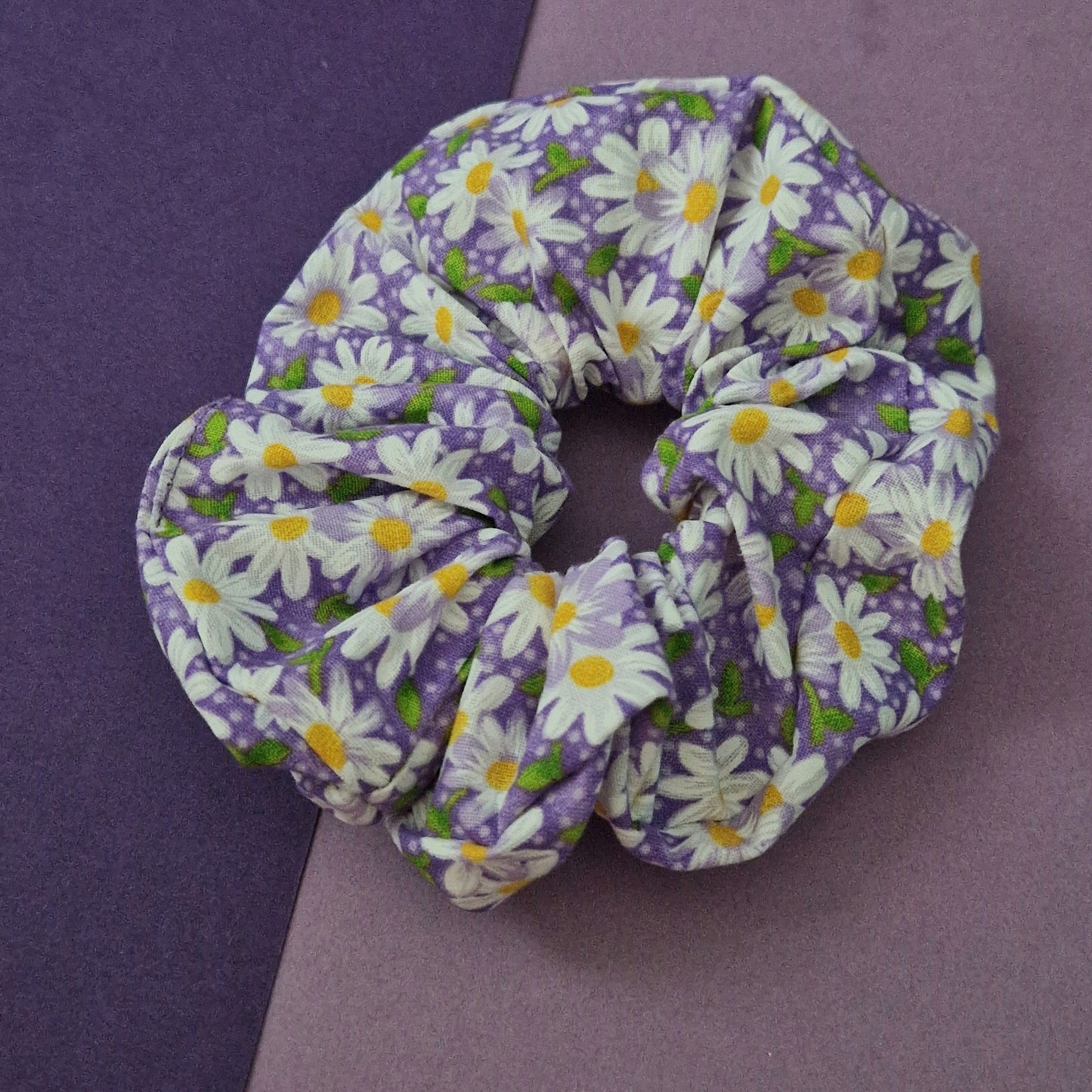 Purple daisy themed floral cotton hair scrunchie