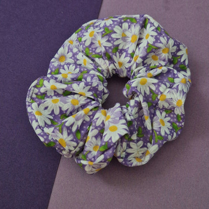 Purple daisy themed floral cotton hair scrunchie