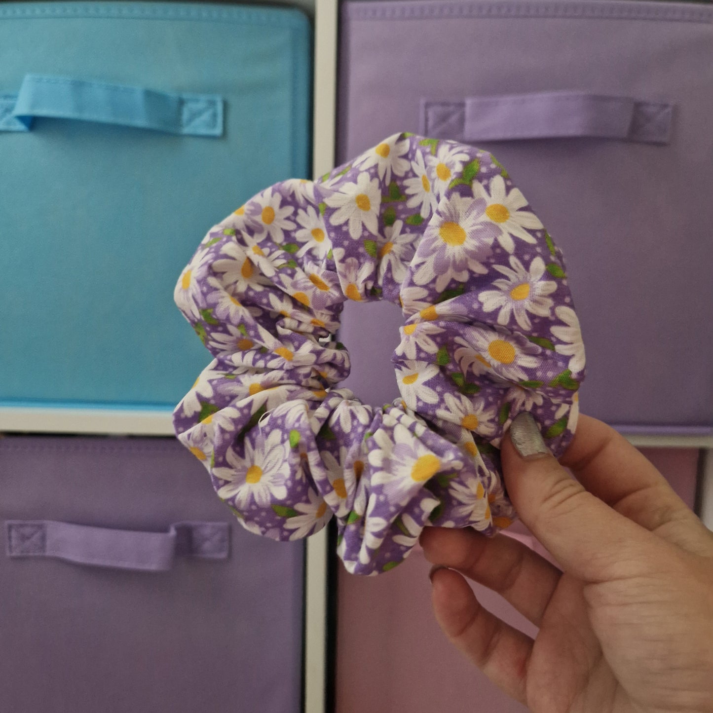 Purple daisy themed floral cotton hair scrunchie