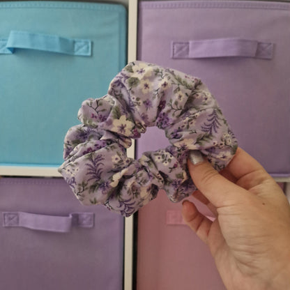 Purple floral themed cotton hair scrunchie