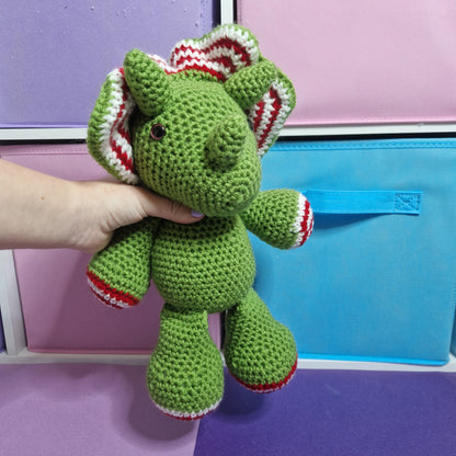 Green, red and white candy cane crochet dinosaur