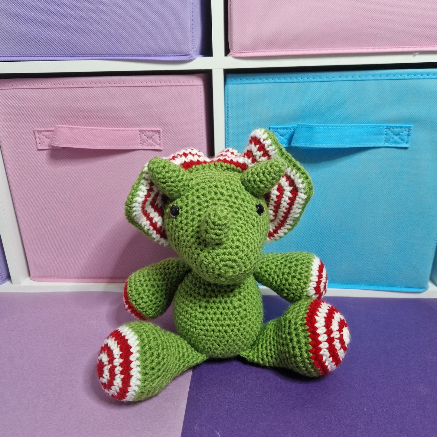 Green, red and white candy cane crochet dinosaur
