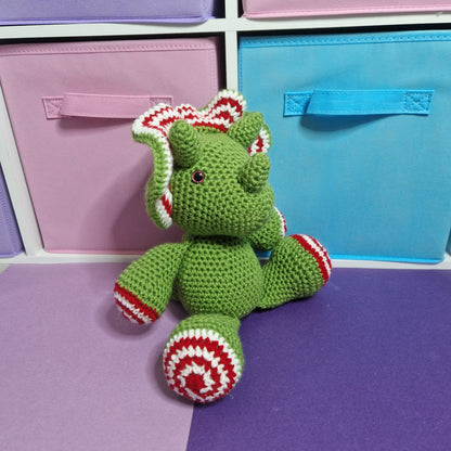 Green, red and white candy cane crochet dinosaur