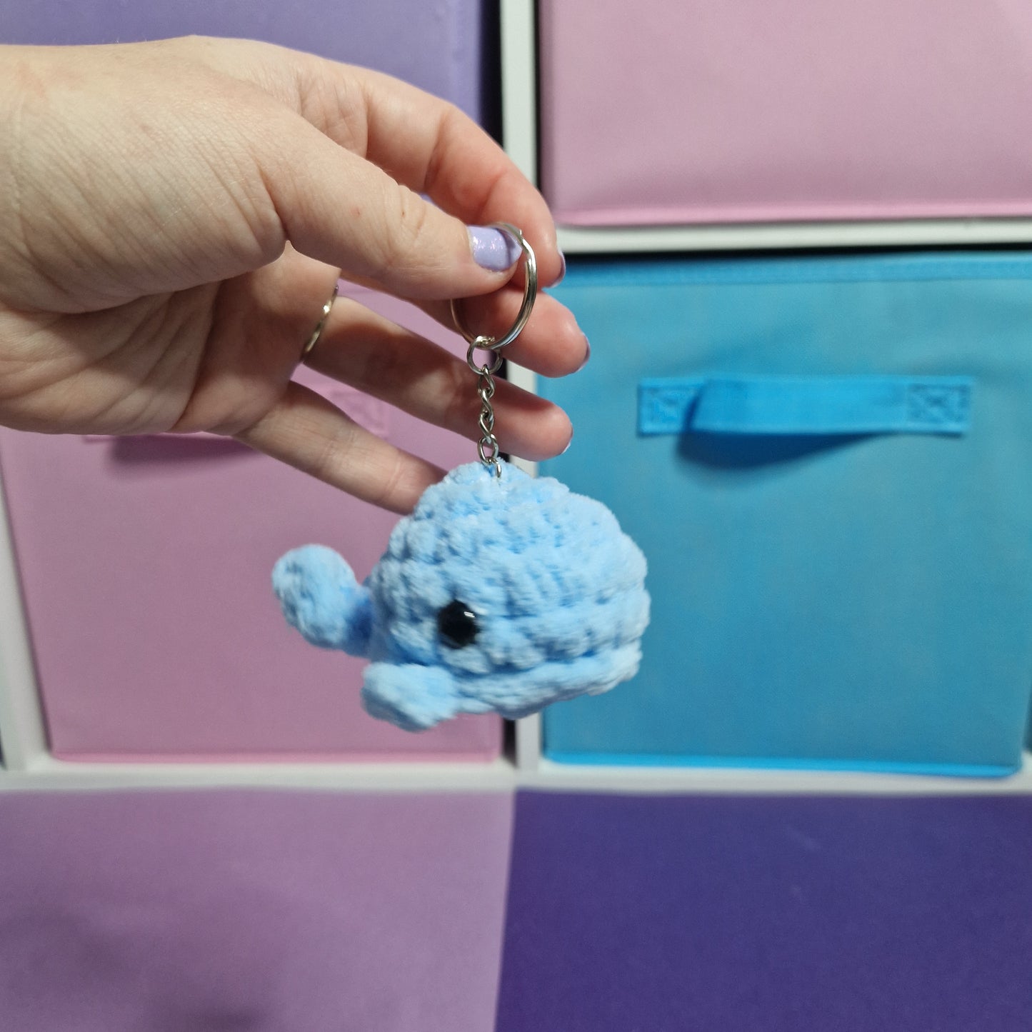 Blue whale chenille yarn crochet keyring