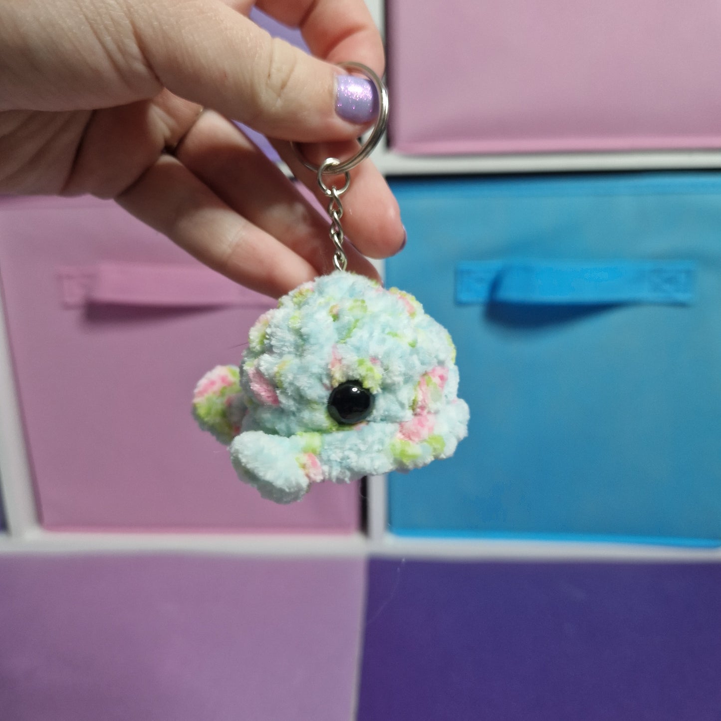Blue floral mini whale chenille yarn crochet keyring