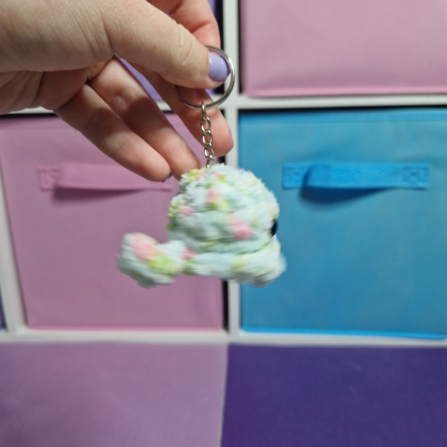 Blue floral mini whale chenille yarn crochet keyring