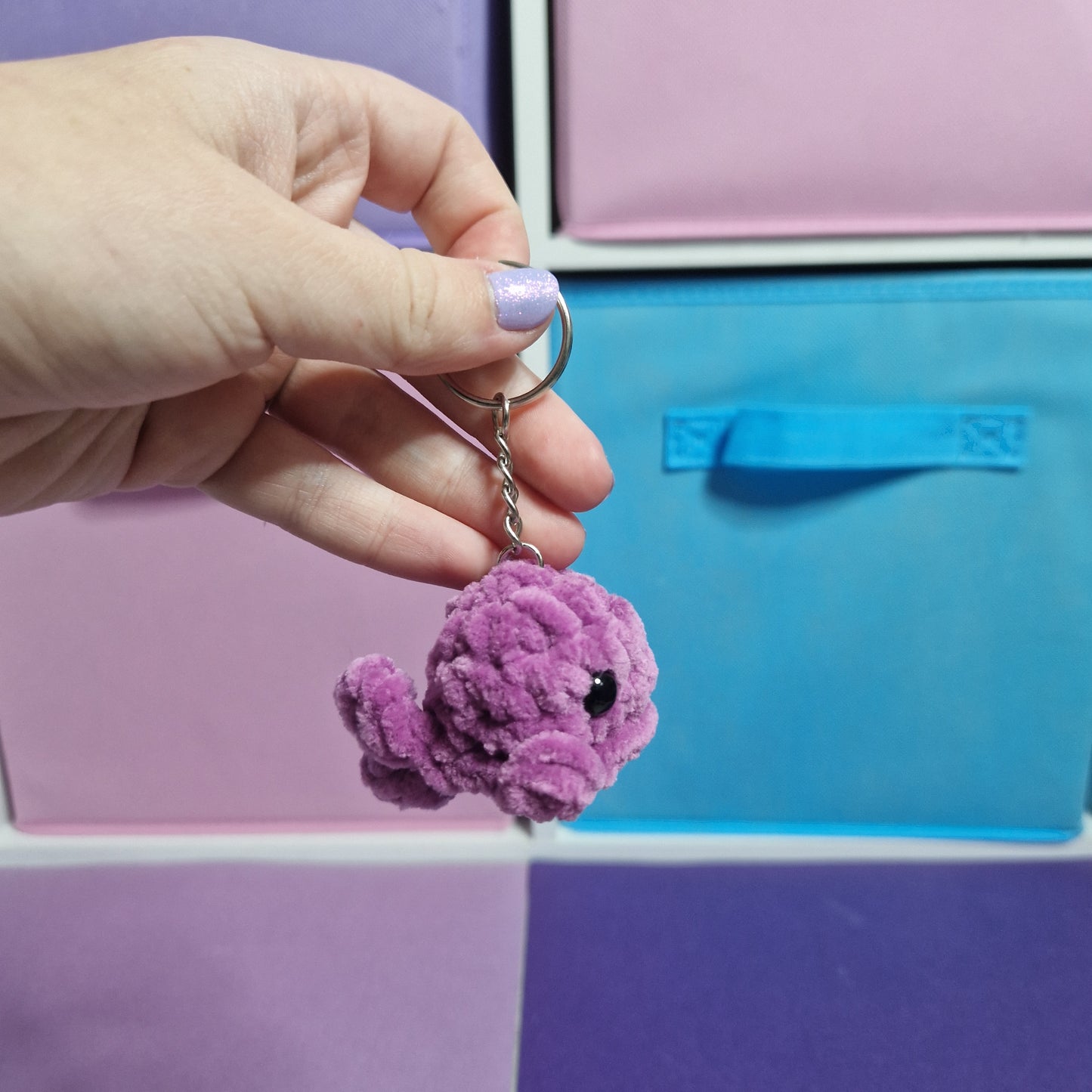 Purple mini whale chenille yarn crochet keyring