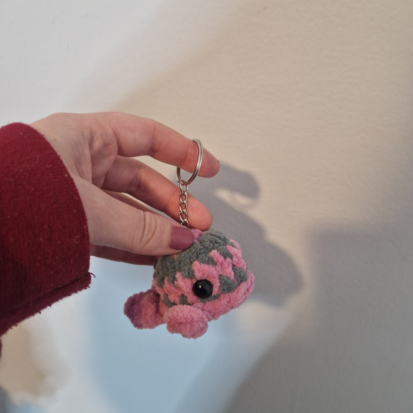Purple and grey mini whale chenille yarn crochet keyring