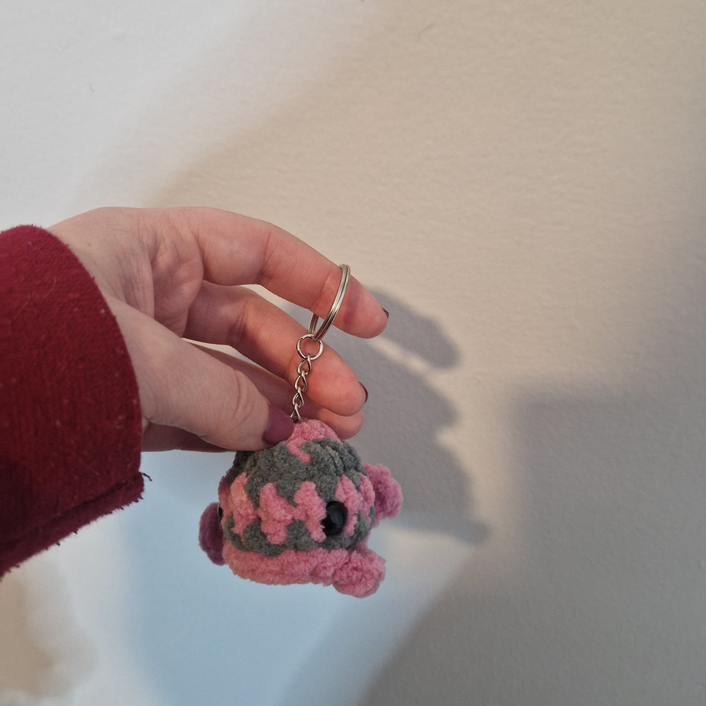 Purple and grey mini whale chenille yarn crochet keyring