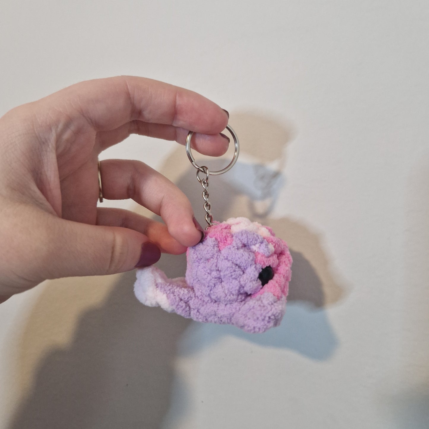 Pink multi coloured mini whale chenille yarn crochet keyring