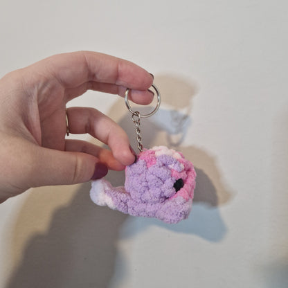 Pink multi coloured mini whale chenille yarn crochet keyring