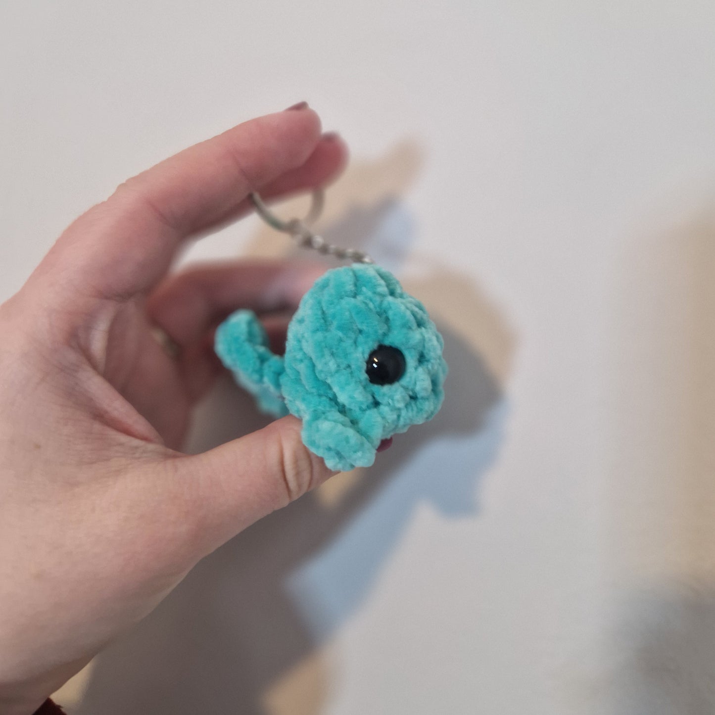 Turquoise mini whale chenille yarn crochet keyring