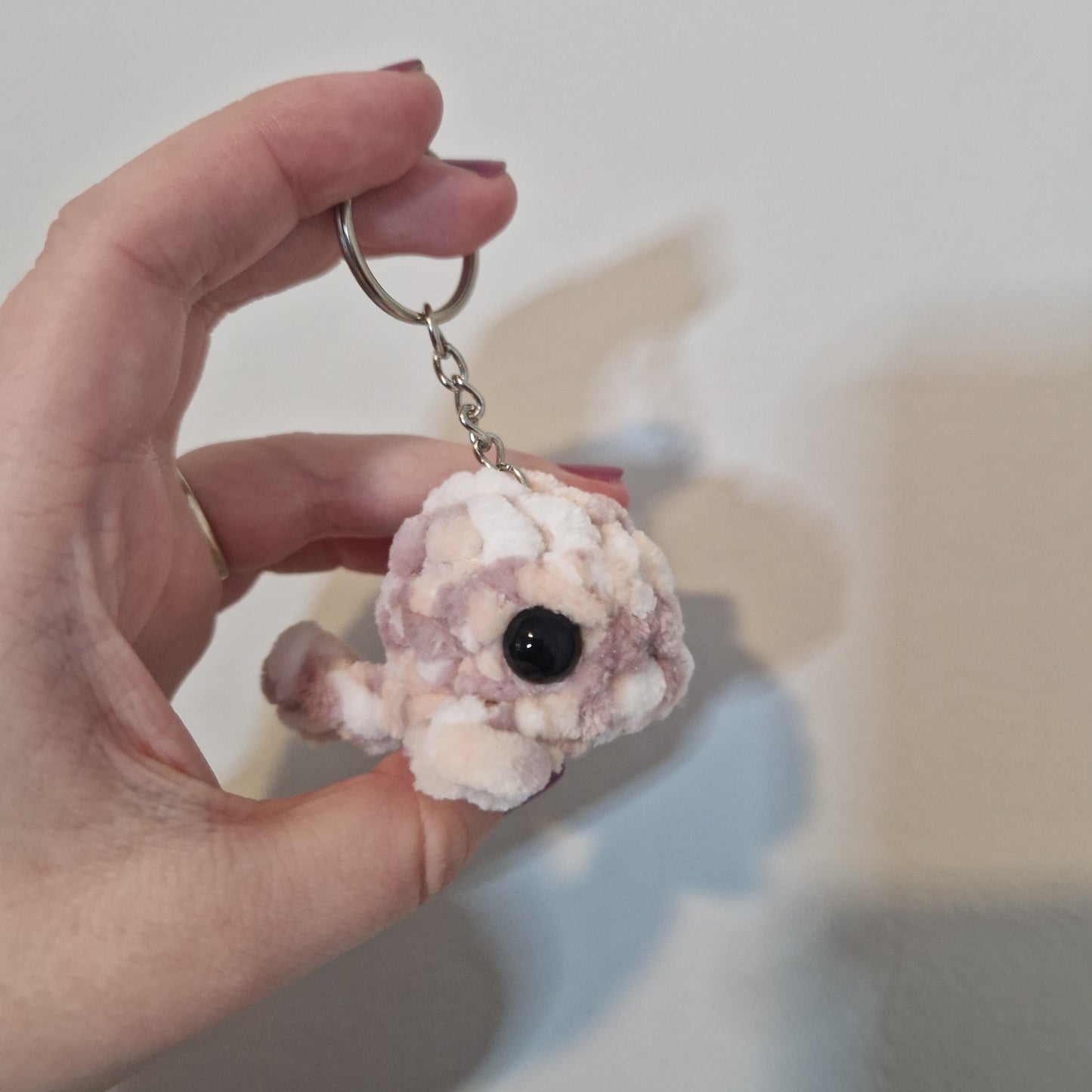Beige mini whale chenille yarn crochet keyring