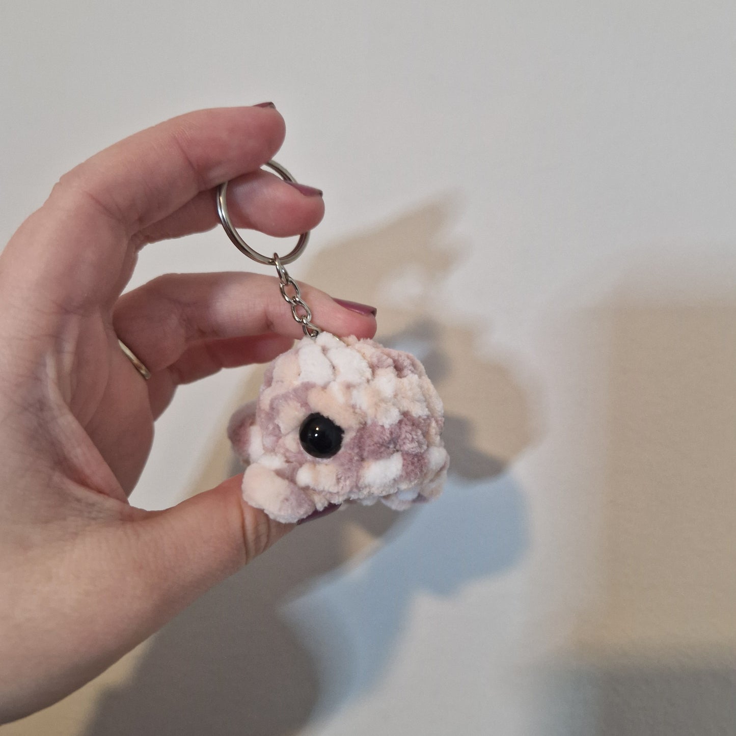 Beige mini whale chenille yarn crochet keyring