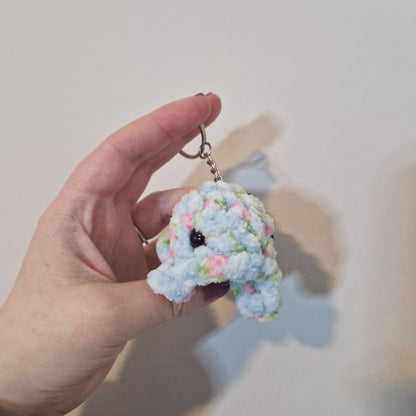 Blue floral mini whale chenille yarn crochet keyring