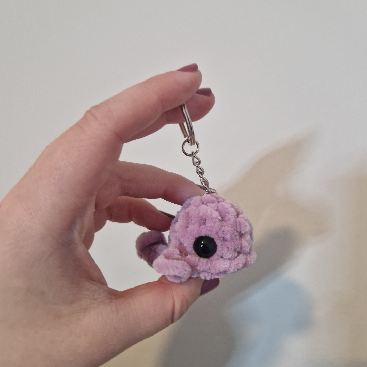 Dusty lilac mini whale chenille yarn crochet keyring