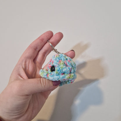 Blue floral mini whale chenille yarn crochet keyring