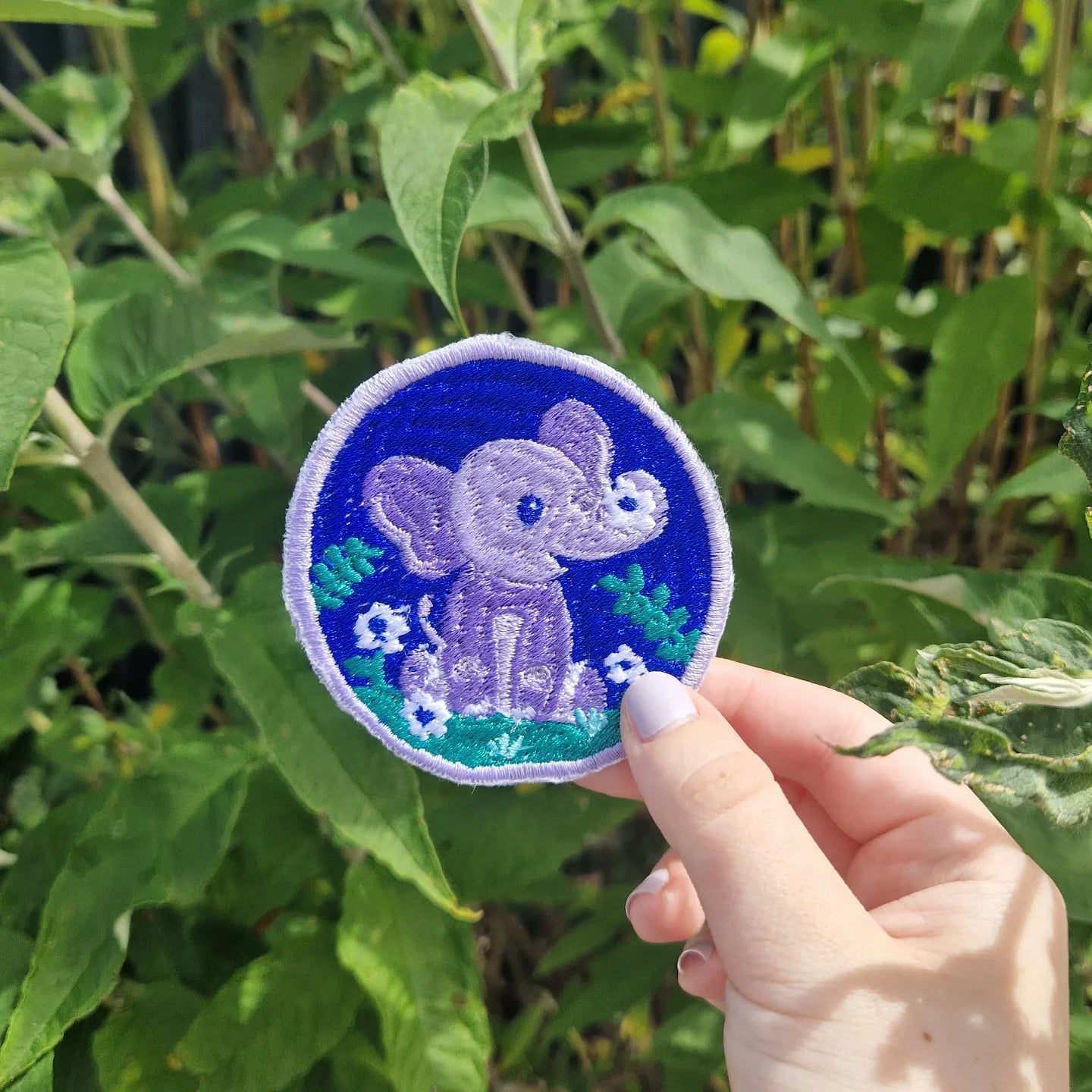 Floral elephant iron-on embroidered patch