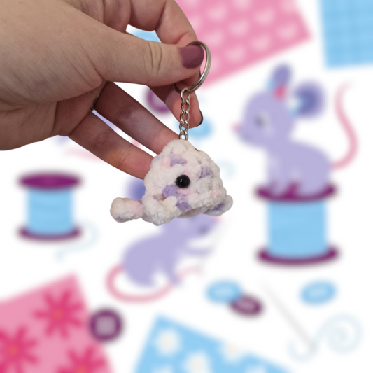 Lilac, white and pink mini whale chenille yarn crochet keyring