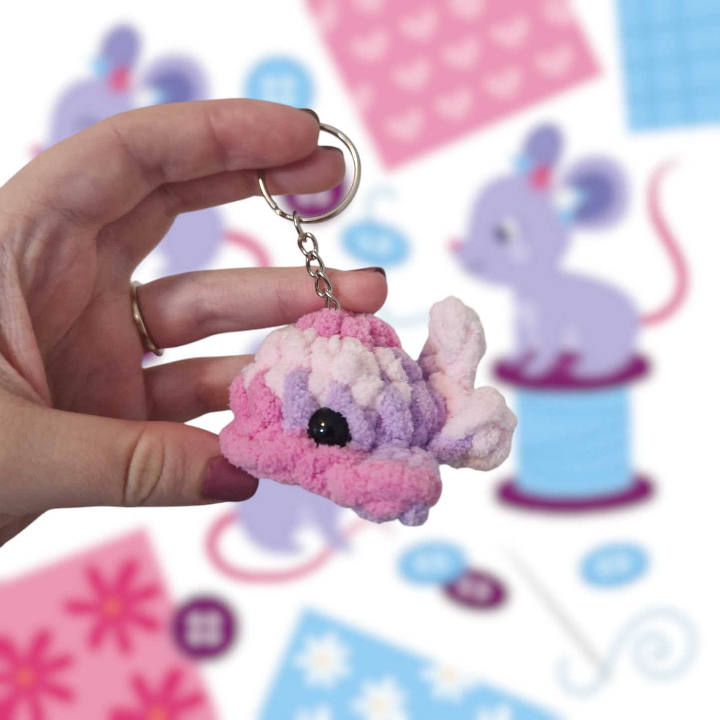 Pink multi coloured mini whale chenille yarn crochet keyring
