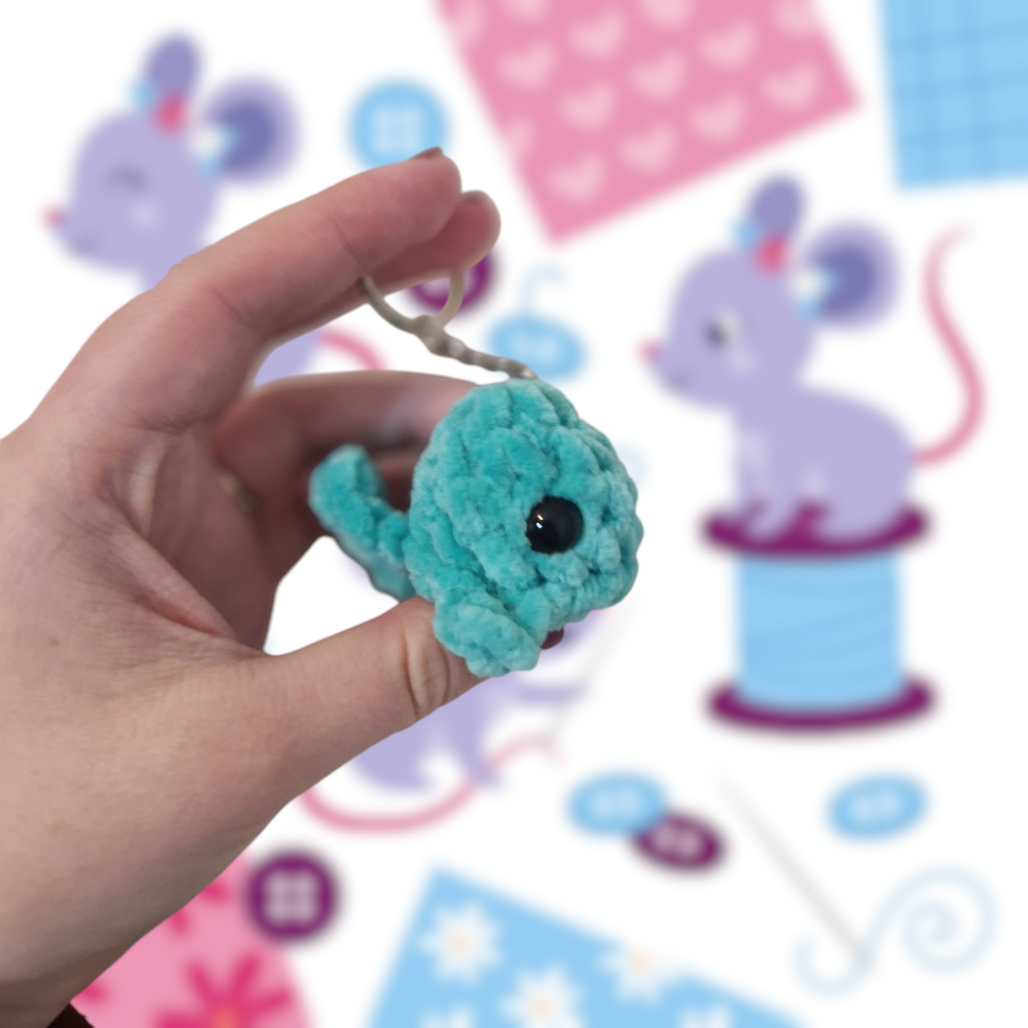 Turquoise mini whale chenille yarn crochet keyring