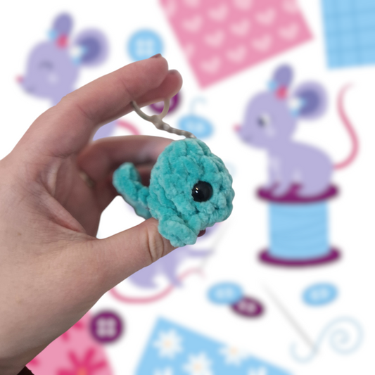 Turquoise mini whale chenille yarn crochet keyring