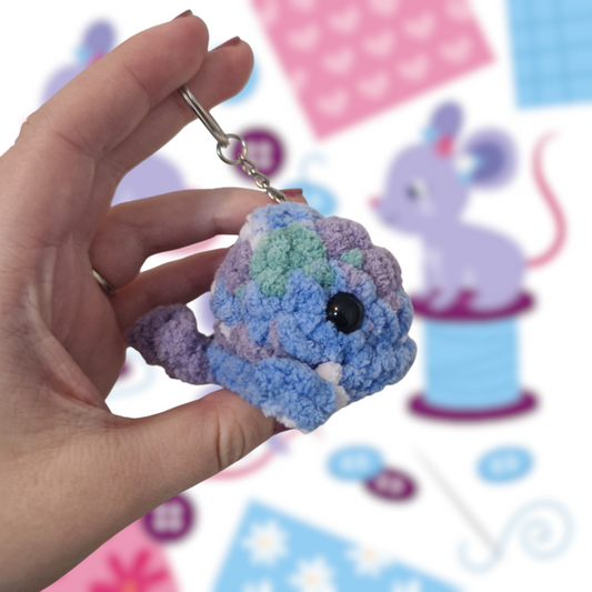 Blue and green mini whale chenille yarn crochet keyring