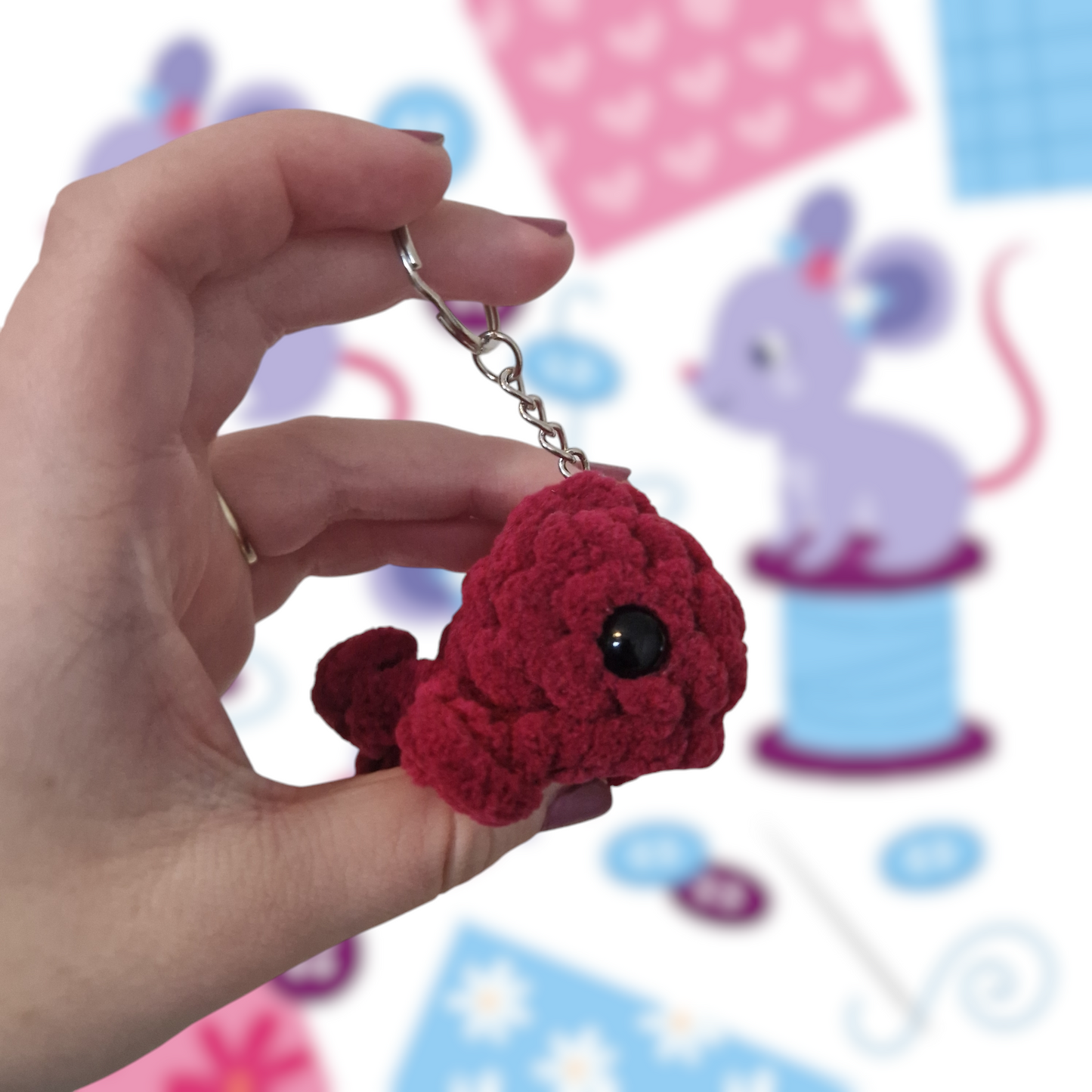 Dark pink mini whale chenille yarn crochet keyring