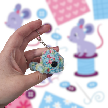 Blue floral mini whale chenille yarn crochet keyring